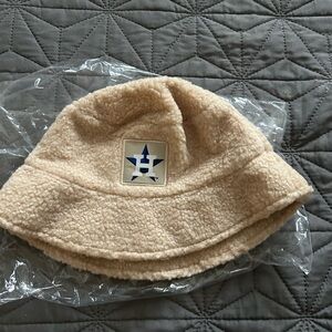 Cream and Blue Fuzzy Bucket Hat with Embroidered Patch